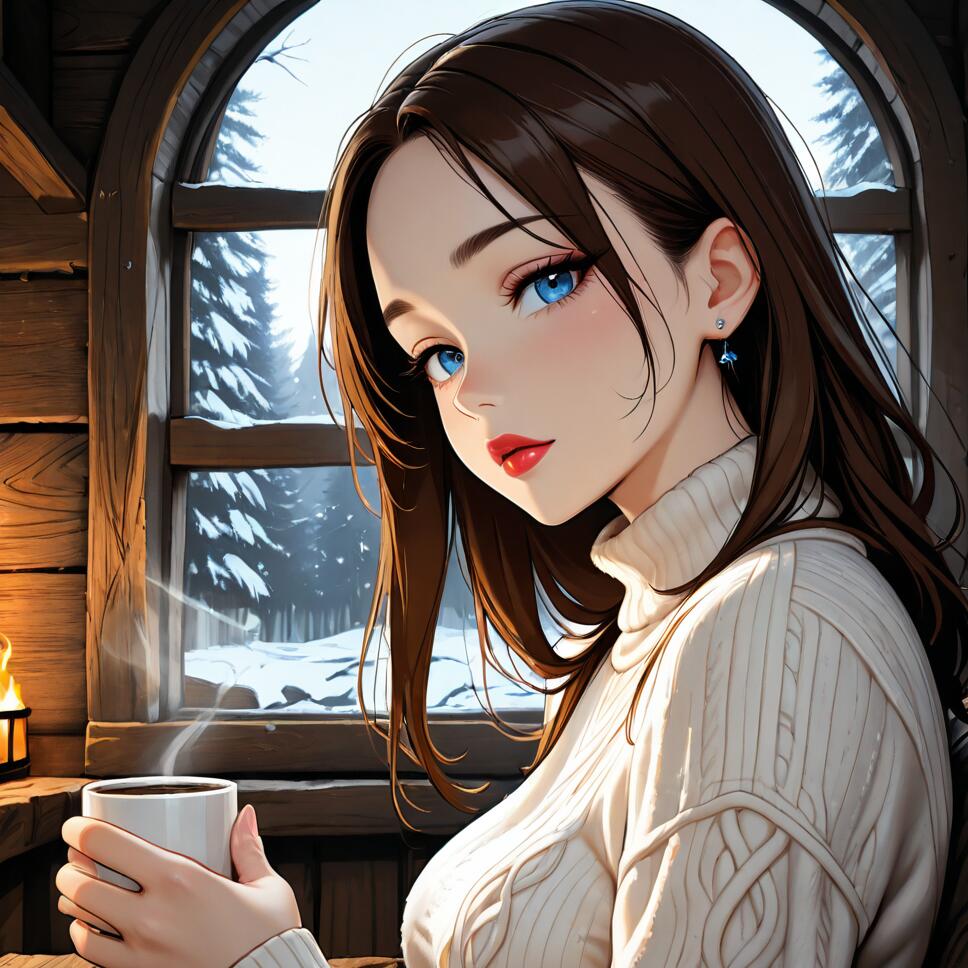 An illustration of a young woman with long brown hair and bright blue eyes, wearing a white turtleneck sweater and holding a mug of coffee inside a cozy log cabin. A snowy forest is visible through the window behind her.