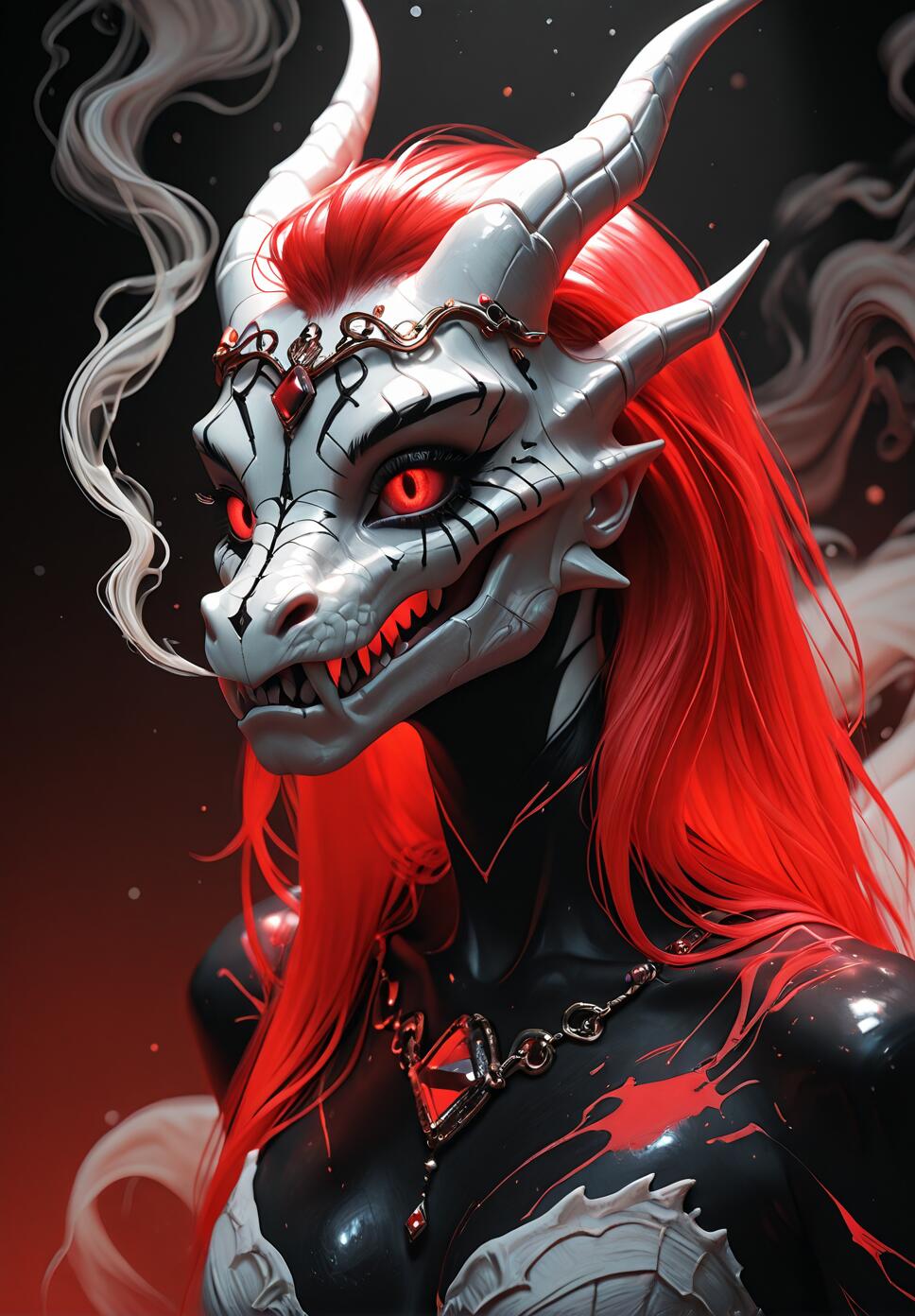 A fantasy portrait of a female dragonkin with a white skull-like face, glowing red eyes, and long crimson hair. She wears a tiara and a necklace with red gems against her dark skin.