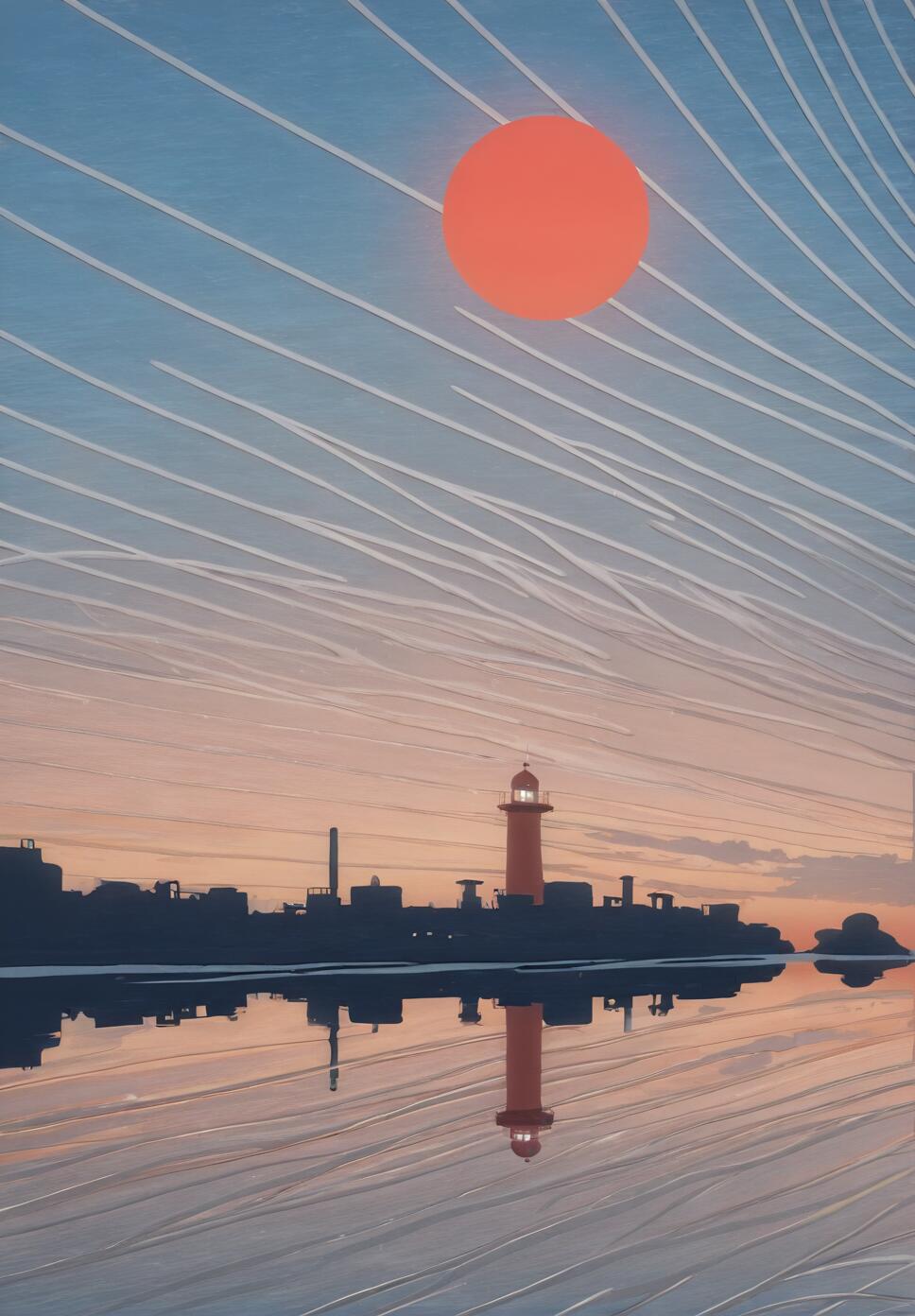 A stylized illustration of a red lighthouse and a coastal town silhouette reflected in calm water. A large red sun is in a pastel sky, and the entire image is covered in white horizontal stripes.