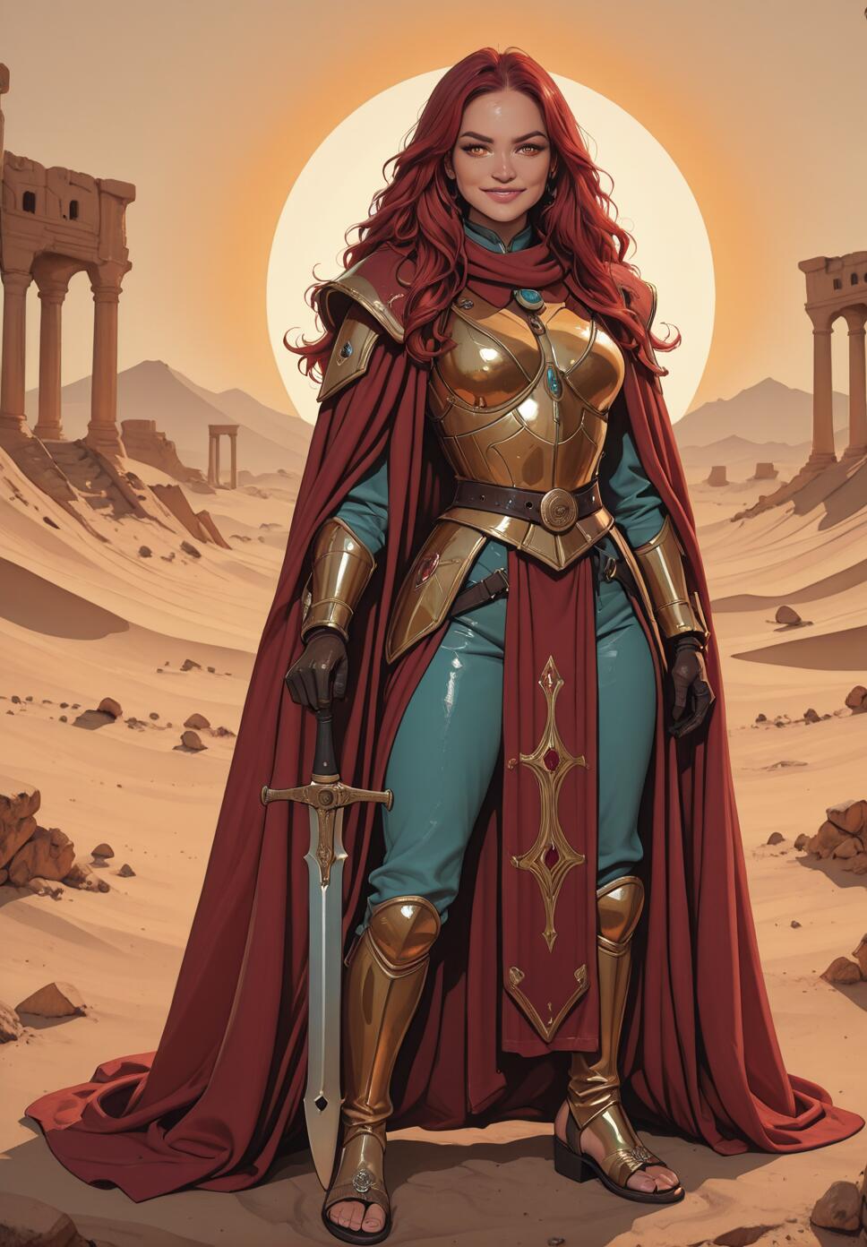A full-body illustration of a confident, red-haired female warrior in gleaming gold armor and a long red cape, holding a sword in a desert landscape with ancient ruins behind her.