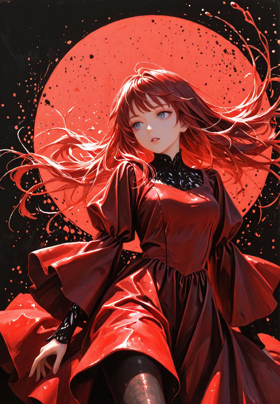 An anime-style painting of a young woman with long, flowing red hair and blue eyes, wearing a dramatic red dress, floating in front of a large red moon on a black, paint-splattered background.