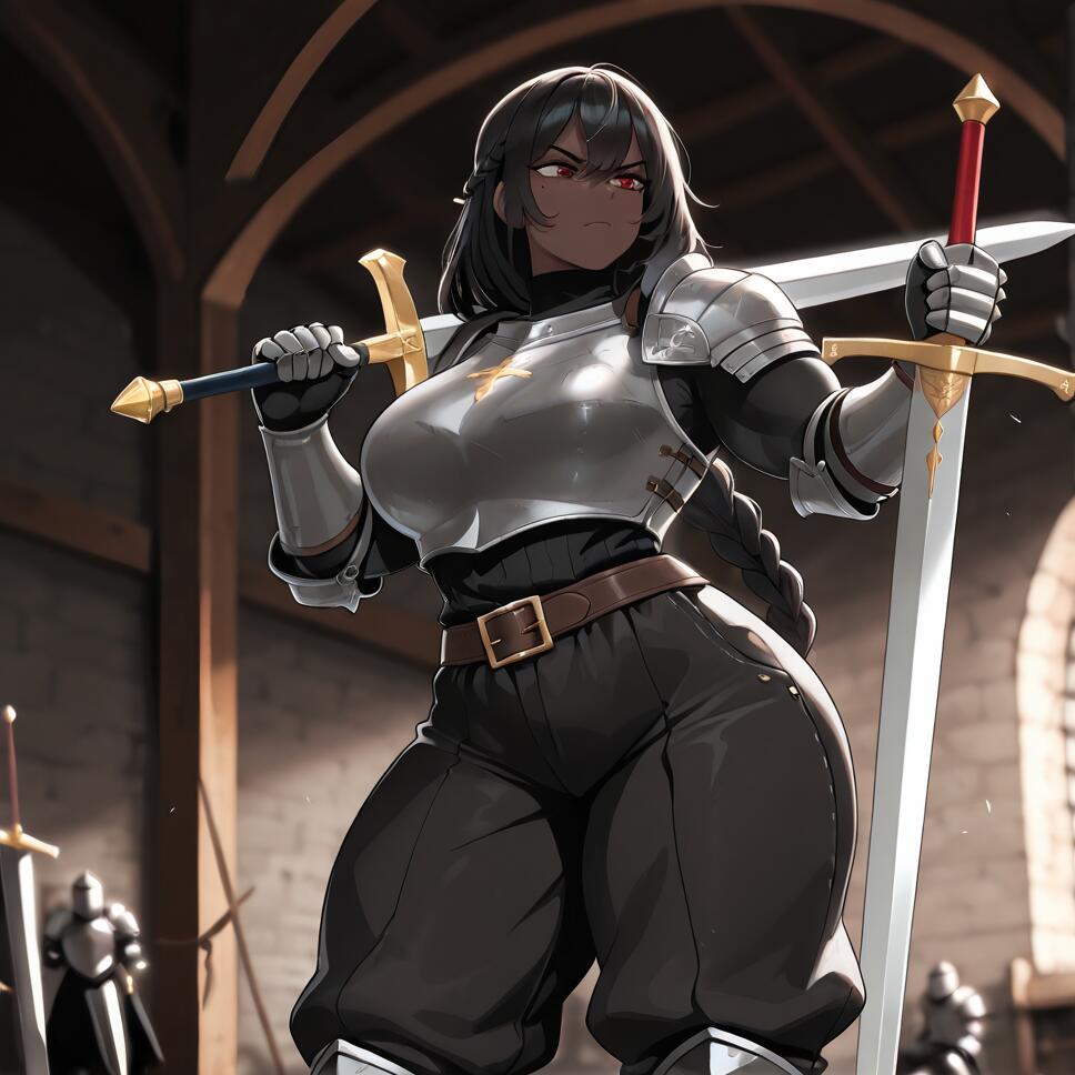 A strong, dark-skinned female knight with black braided hair and red eyes, wearing plate armor and holding two large swords inside a medieval stone hall.