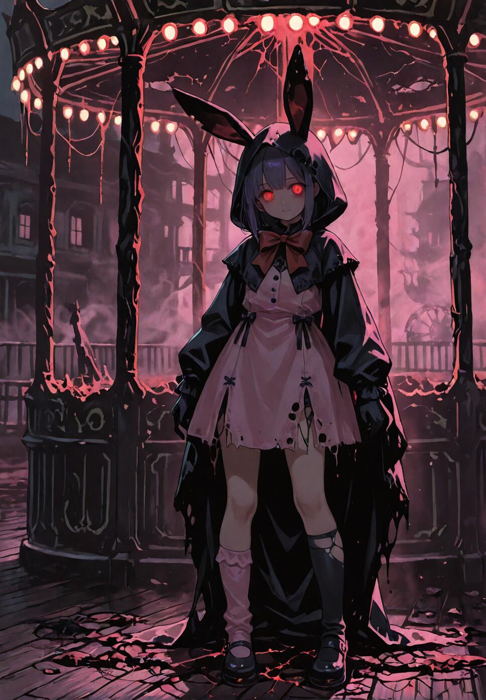 An anime girl with purple hair and glowing red eyes stands in a dark, decaying carnival gazebo. She wears a black bunny-eared hood, a pink and black gothic dress with a red bow, and mismatched socks. The scene is lit by eerie red lights.