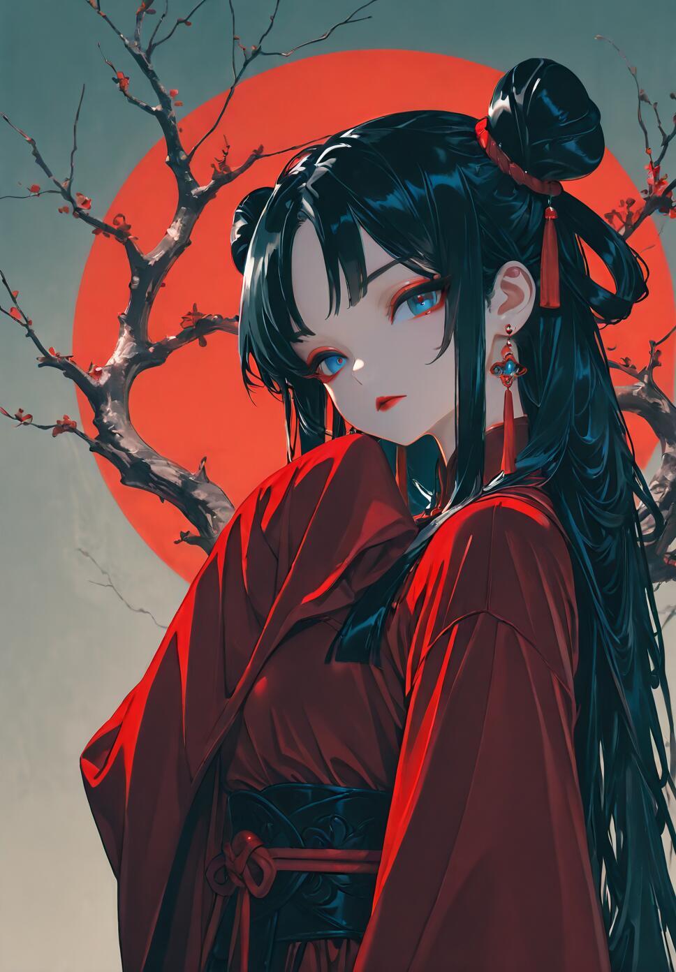 An anime-style illustration of a young woman with black hair in double buns and bright blue eyes. She is wearing a flowing red traditional robe and stands in front of a large red circle and the silhouette of a tree branch.