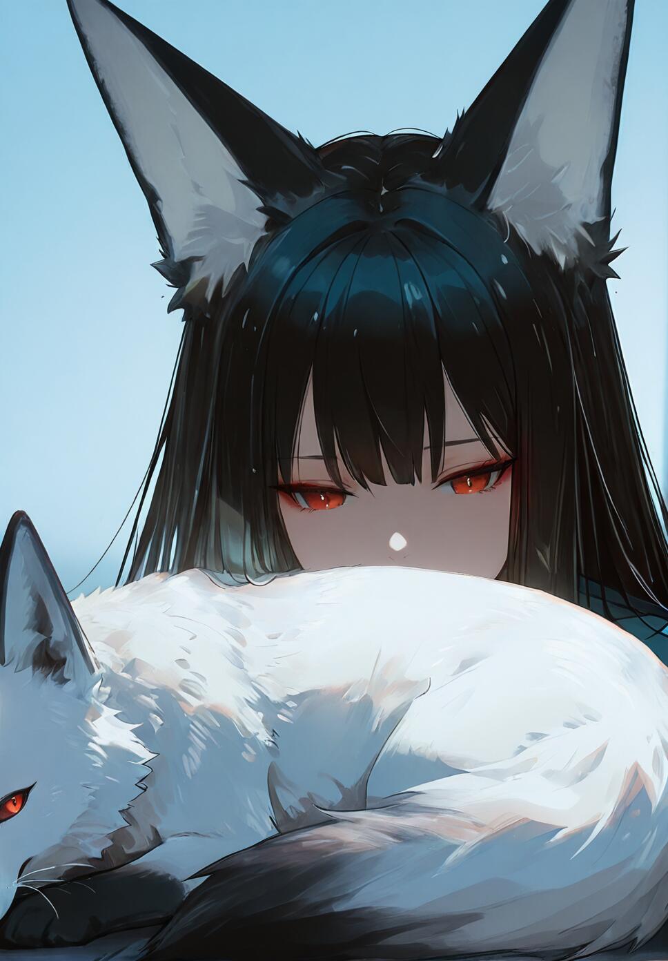 An anime-style girl with long black hair, black fox ears, and glowing red eyes looking over a white fox that is curled up and resting.