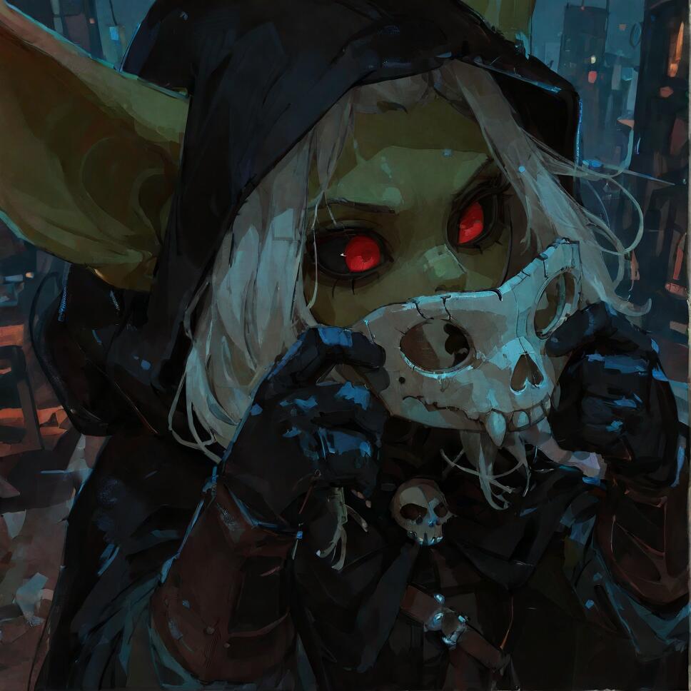 A close-up digital painting of a female goblin with green skin, long white hair, and glowing red eyes. She wears a black hood and gloves, holding a skull mask in front of her face against a dark city backdrop at night.
