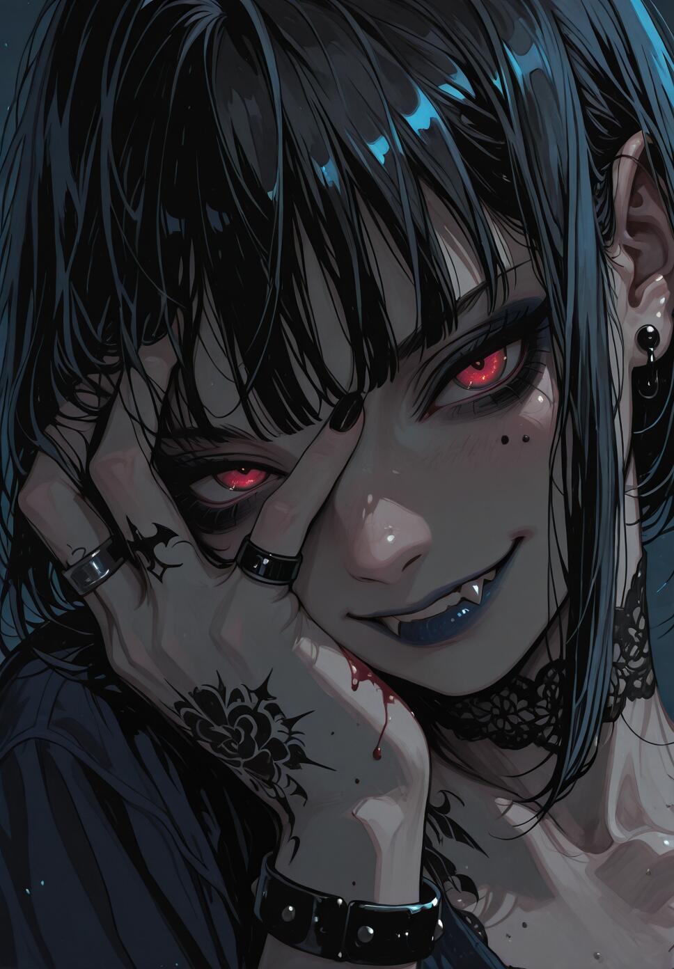 A close-up digital illustration of a goth vampire girl with short black hair and glowing red eyes. She is smirking, showing her fangs, and has her tattooed hand partially covering her face.