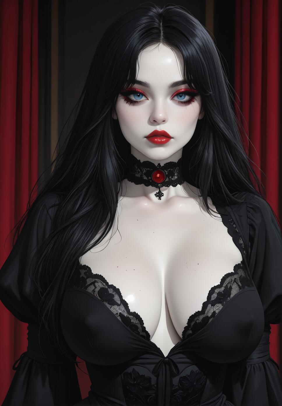 A portrait of a beautiful gothic woman with long black hair, pale skin, piercing blue eyes, and red lips. She is wearing a black lace dress and a choker, standing before a red curtain.
