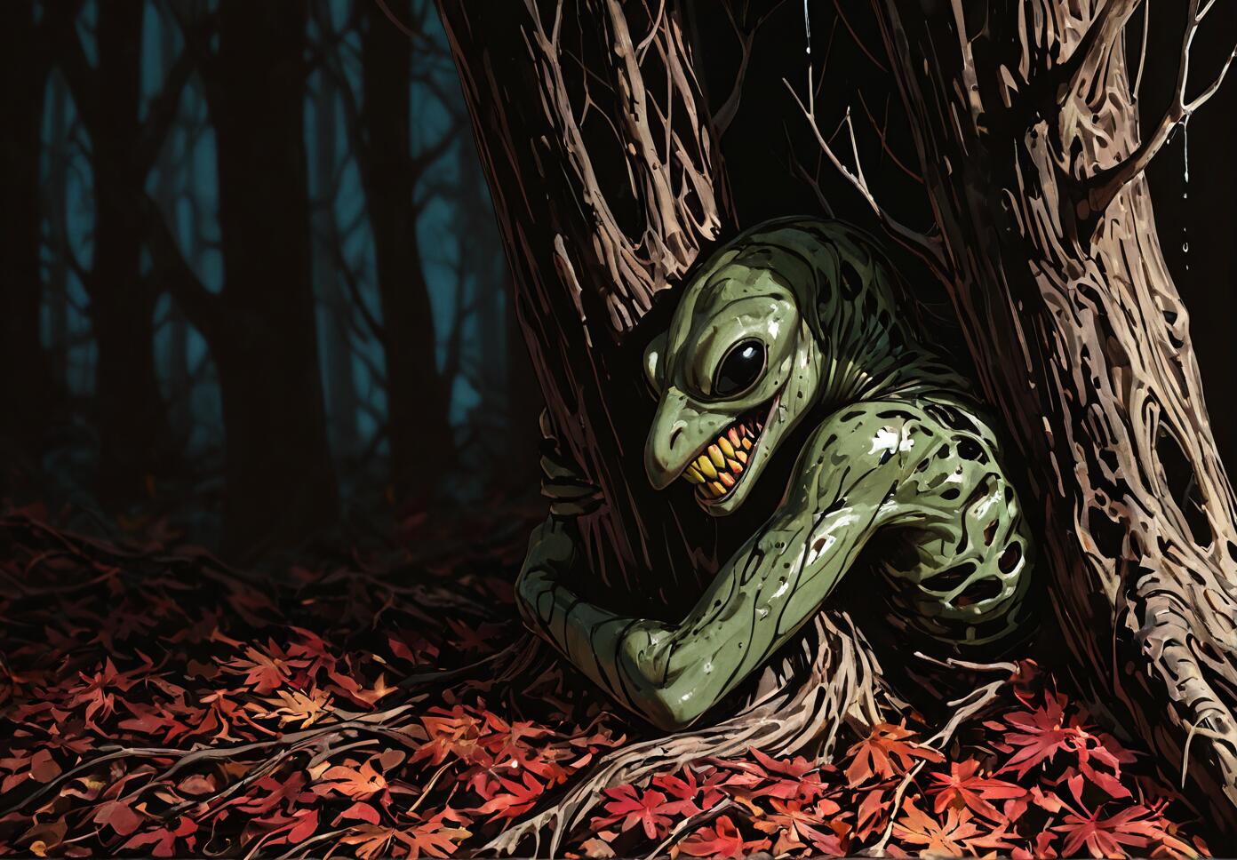 A grotesque, green-skinned creature with large black eyes and sharp yellow teeth peeks out from behind a gnarled tree in a dark autumn forest covered in red leaves.