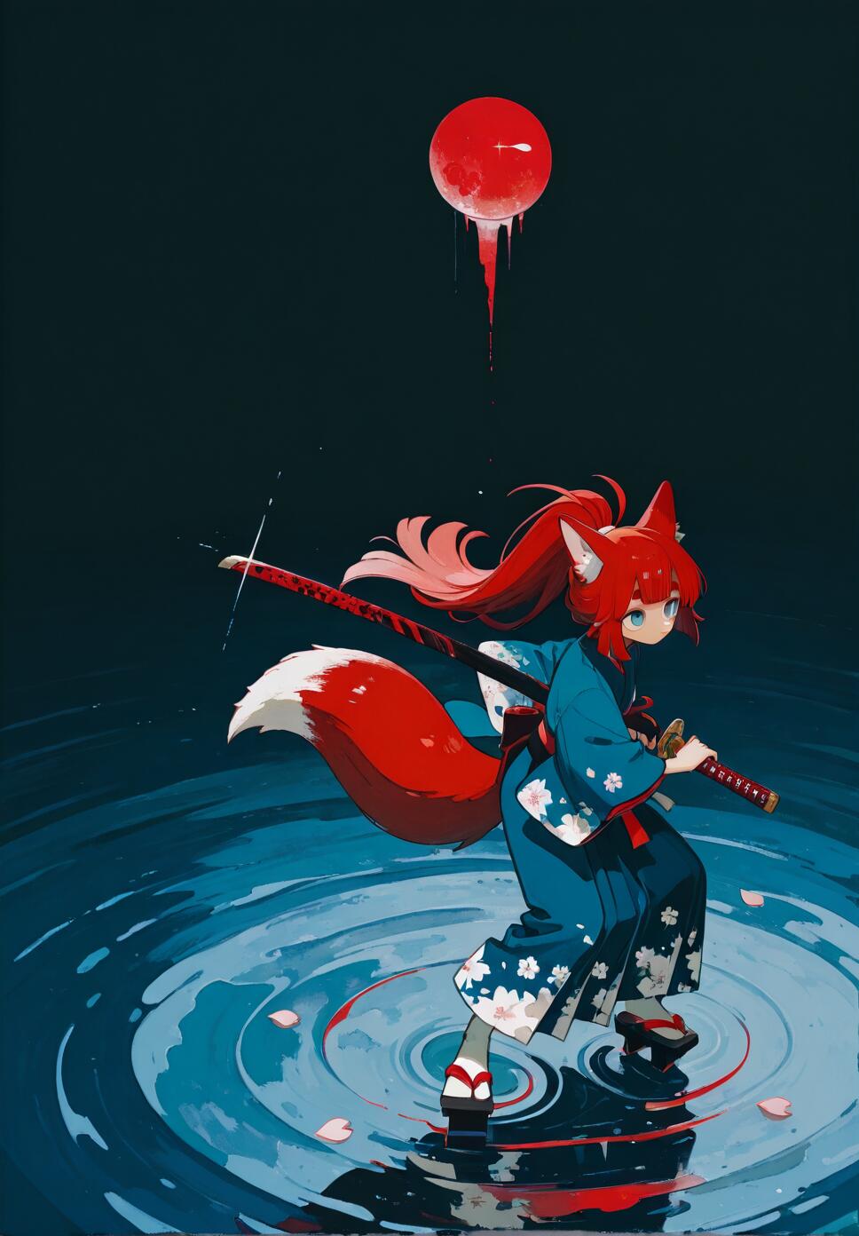 An anime-style illustration of a red-haired fox girl in a blue kimono, standing in water and drawing a katana. A large, dripping red moon hangs in the dark sky above her.