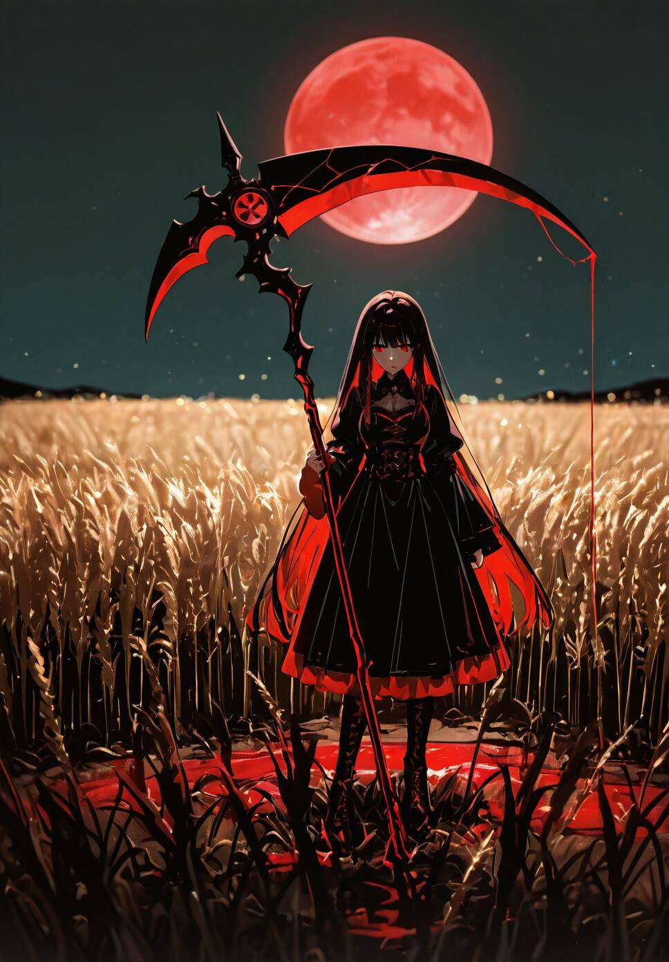 An anime girl with long black hair and red eyes, wearing a black and red gothic dress, stands in a field of wheat at night, holding a large scythe under a massive red moon. A river of blood is at her feet.