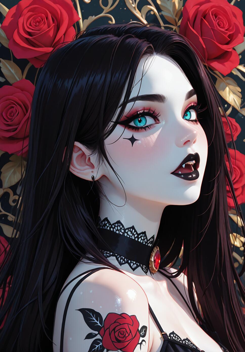 A close-up digital art portrait of a beautiful gothic vampire girl with long black hair, pale skin, and striking turquoise eyes. She has fangs, black lipstick, a lace choker, a rose tattoo on her shoulder, and is set against a background of red roses.