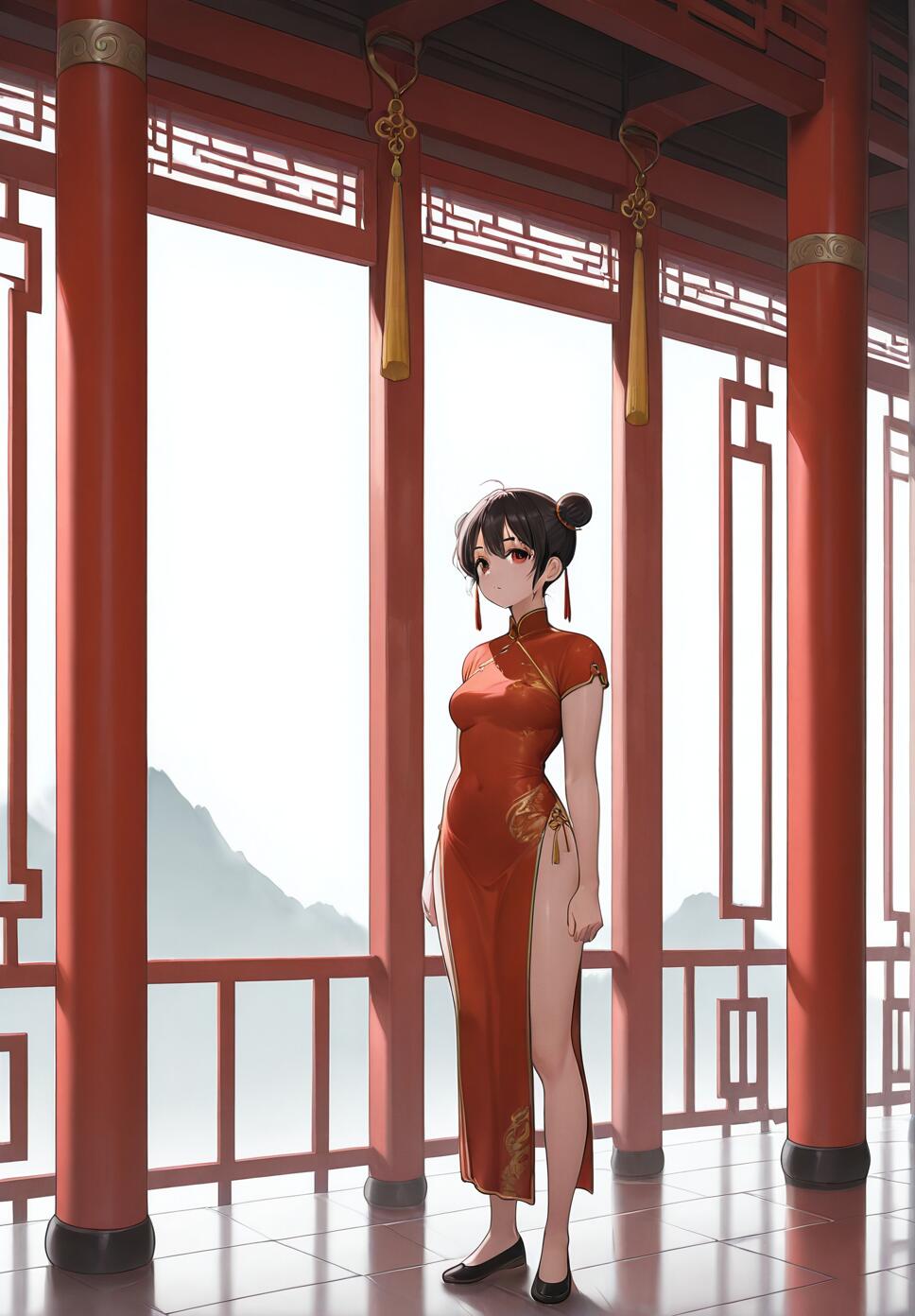 A full-body illustration of an anime-style girl with black hair in double buns, wearing a red cheongsam, standing inside a red Chinese pavilion with a view of mountains.