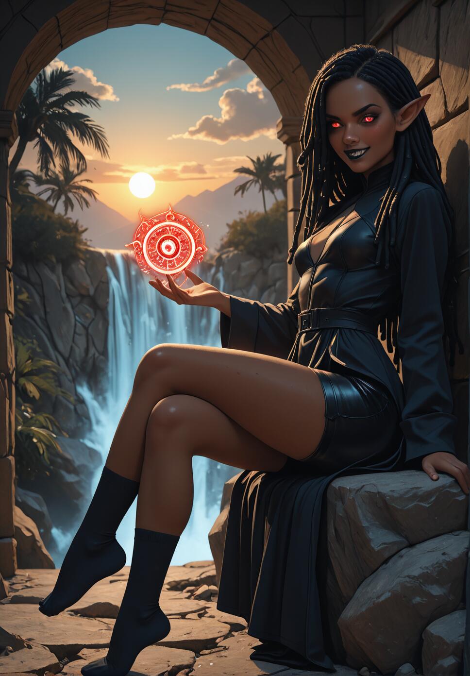 A dark-skinned elf with dreadlocks and glowing red eyes sits on a stone wall, holding a red magic orb, with a waterfall and sunset in the background.