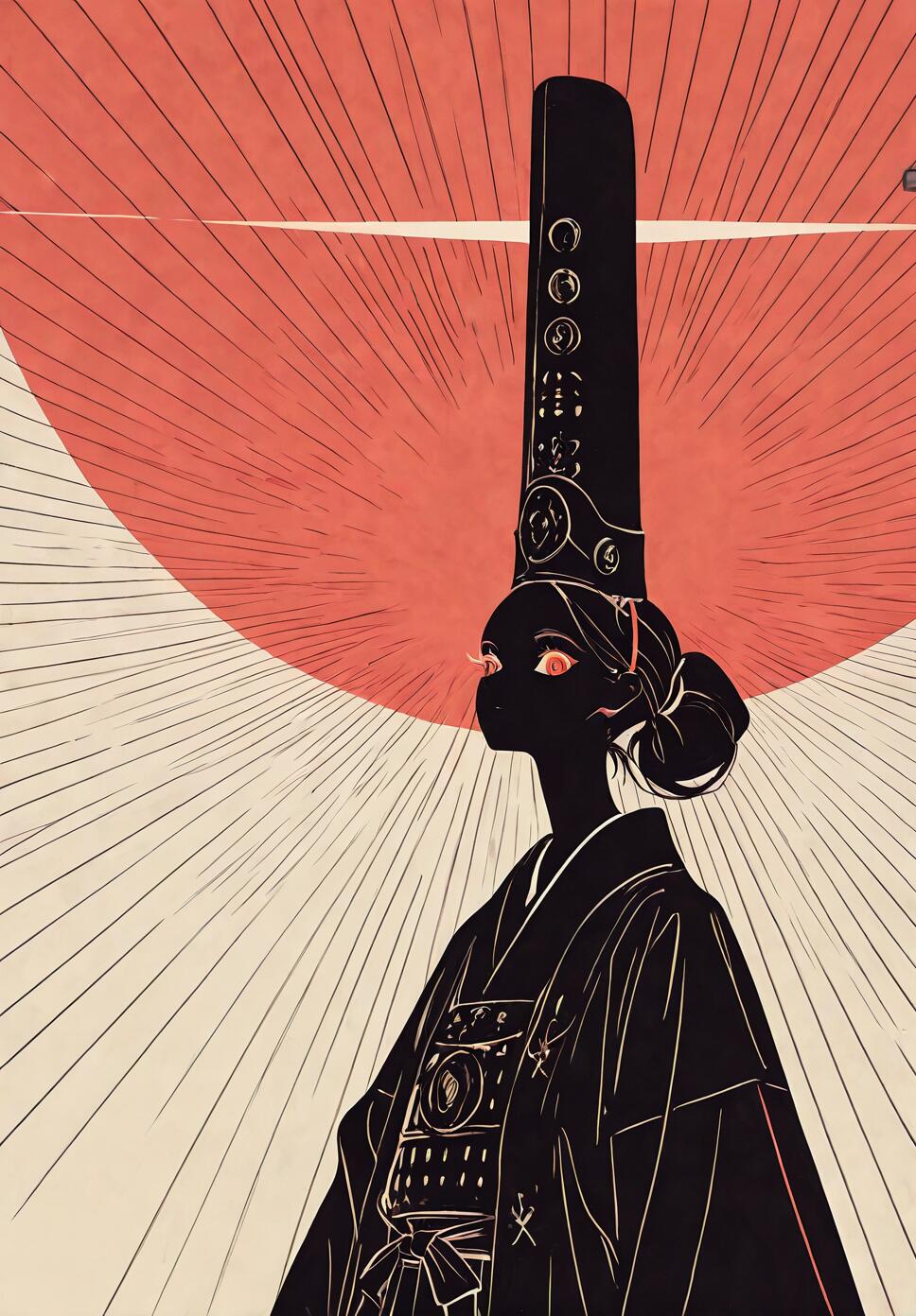A stylized illustration of a woman in profile with black silhouetted skin and glowing orange eyes. She wears a black kimono and a very tall, black, ornate headdress, set against a large red sun with radiating lines.