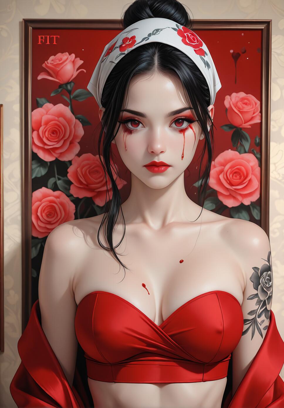 A digital illustration of a woman with black hair and a floral headband, featuring red eyes crying tears of blood. She wears a red top and has a rose tattoo on her arm, set against a background with a painting of roses.