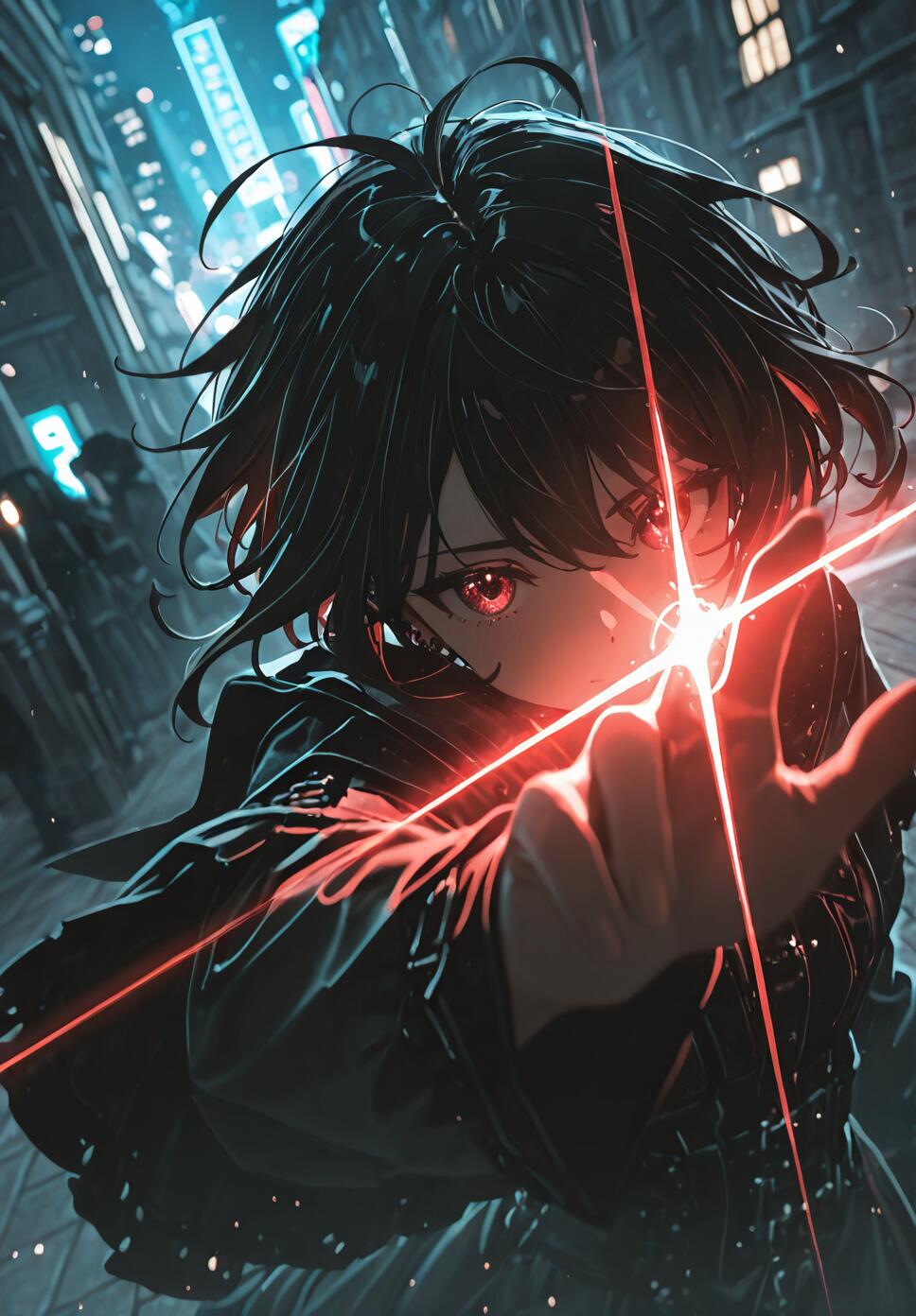 An anime girl with short black hair and red eyes in a dark cyberpunk city, reaching her hand out towards the viewer as a bright red, star-shaped light glows at her fingertips.