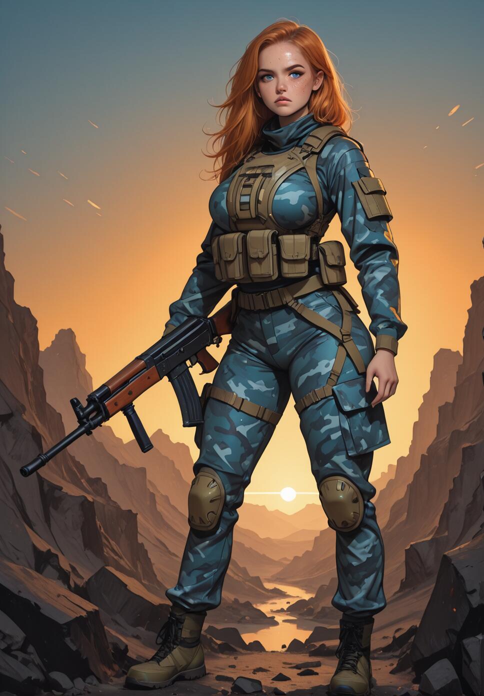 A full-body illustration of a female soldier with long orange hair and blue eyes, wearing blue camouflage and a tactical vest, holding a rifle in a rocky, canyon-like wasteland at sunset.