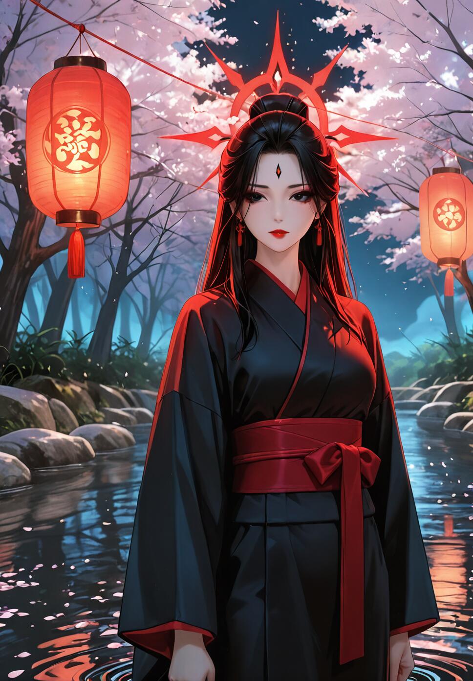 A beautiful woman with long black hair and a red celestial headpiece, wearing a black and red kimono, stands by a stream at night under cherry blossom trees and glowing red paper lanterns.