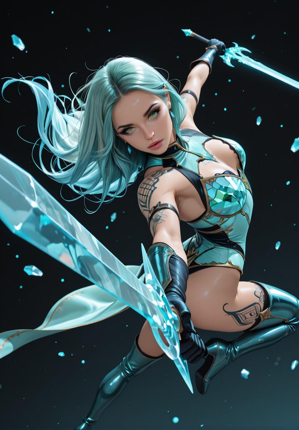 A full-body digital painting of a fantasy female warrior with long light blue hair and green eyes. She is in a dynamic mid-air pose, wearing turquoise and black armor and wielding two large, glowing blue crystal swords against a dark background.