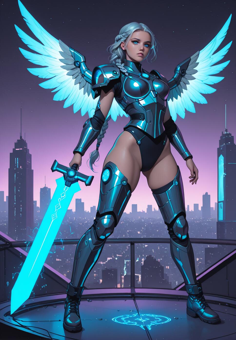 A full-body view of a female warrior with silver-blue braided hair, glowing blue wings, and futuristic armor, holding a luminous cyan sword on a rooftop with a city skyline in the background.
