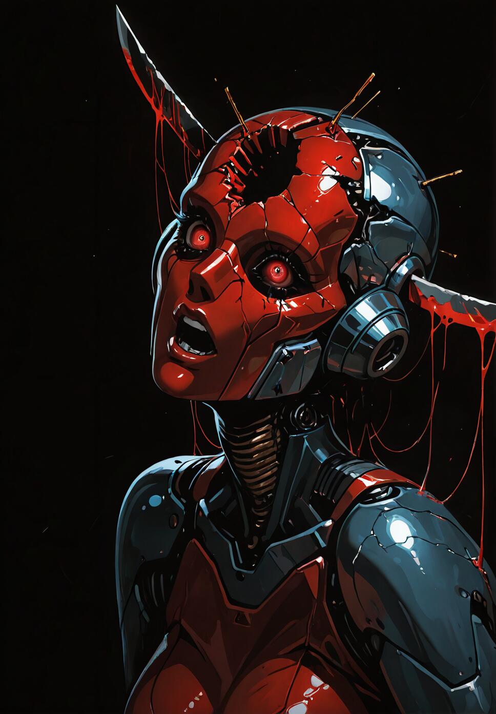 A female android with a red face and dark metallic body looks upward in shock. Her head is severely damaged, with a large hole in her forehead, cracks across her face, and sharp blades protruding from her skull, with red fluid dripping down.