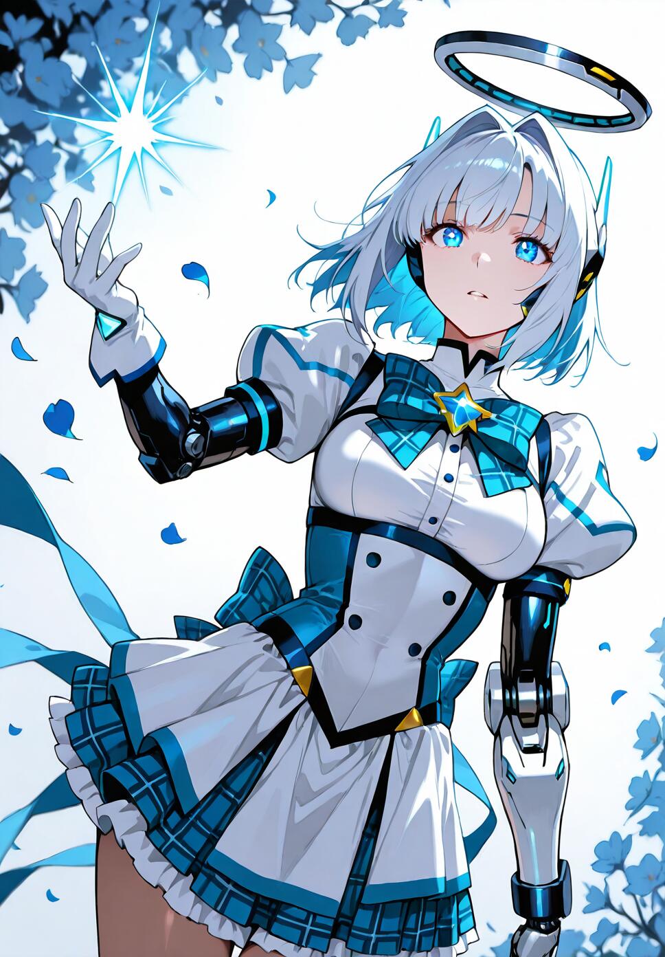 An anime-style illustration of a cybernetic girl with short white and blue hair, a halo, and robotic arms. She is wearing a blue and white maid-like dress and reaching for a glowing blue star.