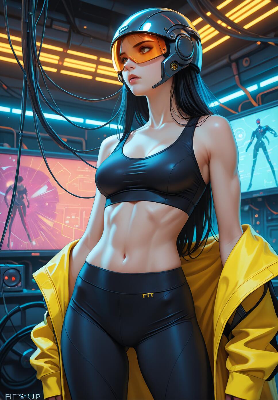 A fit woman with long black hair wearing a futuristic helmet, black workout clothes, and a yellow jacket stands in a high-tech room with glowing screens and wires.