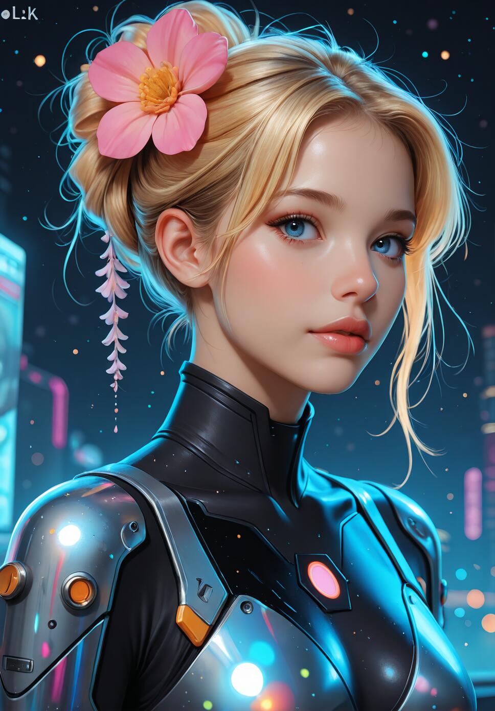 A close-up portrait of a beautiful young woman with blonde hair in an updo, a pink flower tucked behind her ear, and bright blue eyes. She is wearing silver and black futuristic armor and looking directly at the camera against a backdrop of a neon-lit city at night.