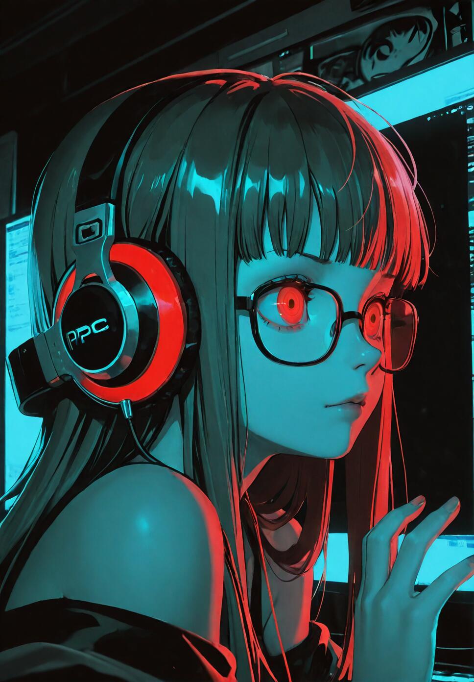 An anime-style illustration of Futaba Sakura from Persona 5, wearing large red headphones and glasses. She is in a dark room, illuminated by the red and cyan light from her computer monitors, with an intense, focused expression.