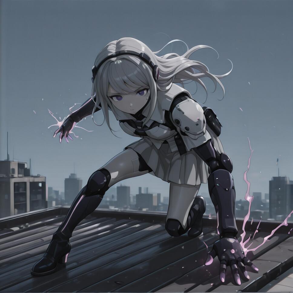 An anime girl with long grey hair and purple eyes, identified as Nozomi Kirifuji, in a white and black armored suit, crouches on a city rooftop at dusk, her hands glowing with crackling purple energy.