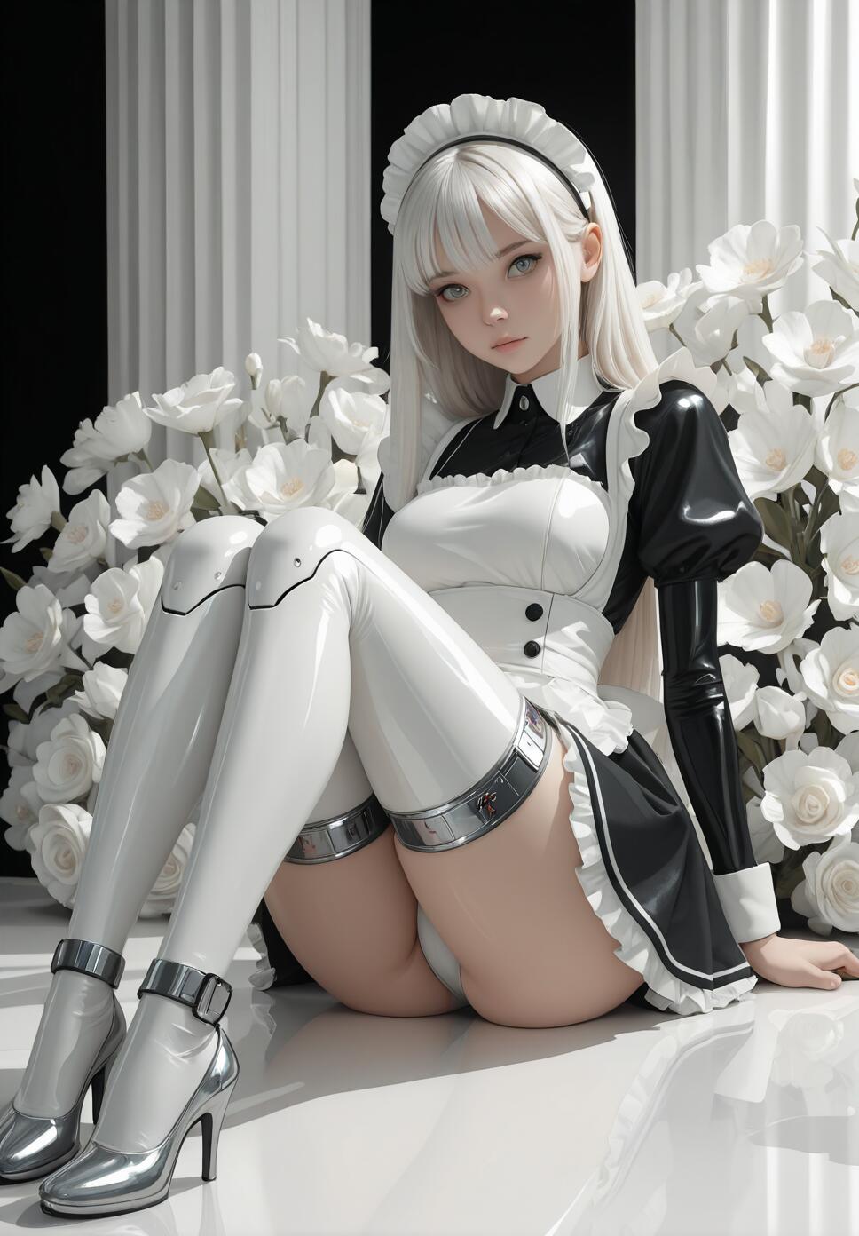 A full-body digital illustration of a young woman with long white hair dressed as a futuristic android maid. She sits on a reflective white floor in front of white flowers and columns, wearing a black and white shiny outfit with white cybernetic thigh-highs and silver heels.