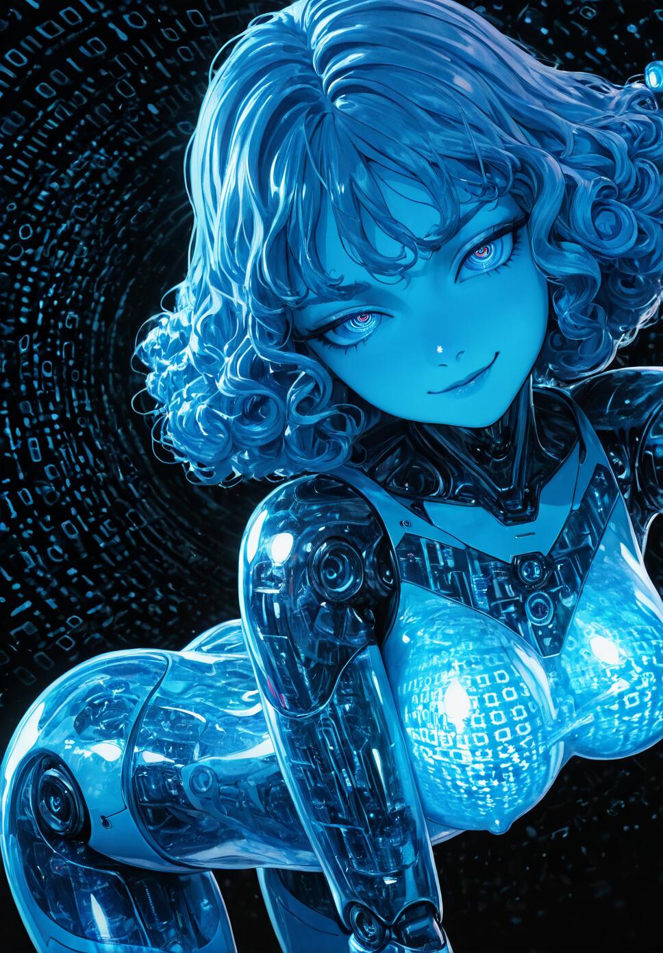 A female android with curly blue hair and a translucent blue body filled with glowing data patterns leans forward against a background of swirling binary code.