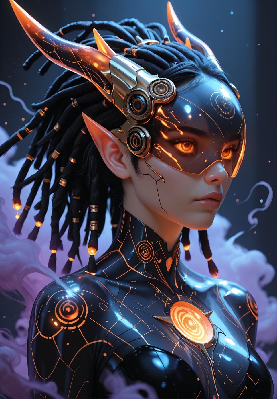 A futuristic female elf with glowing orange horns, a cybernetic visor, and black dreadlocks with luminous tips, wearing a black bodysuit with glowing orange circuits against a backdrop of cosmic smoke.