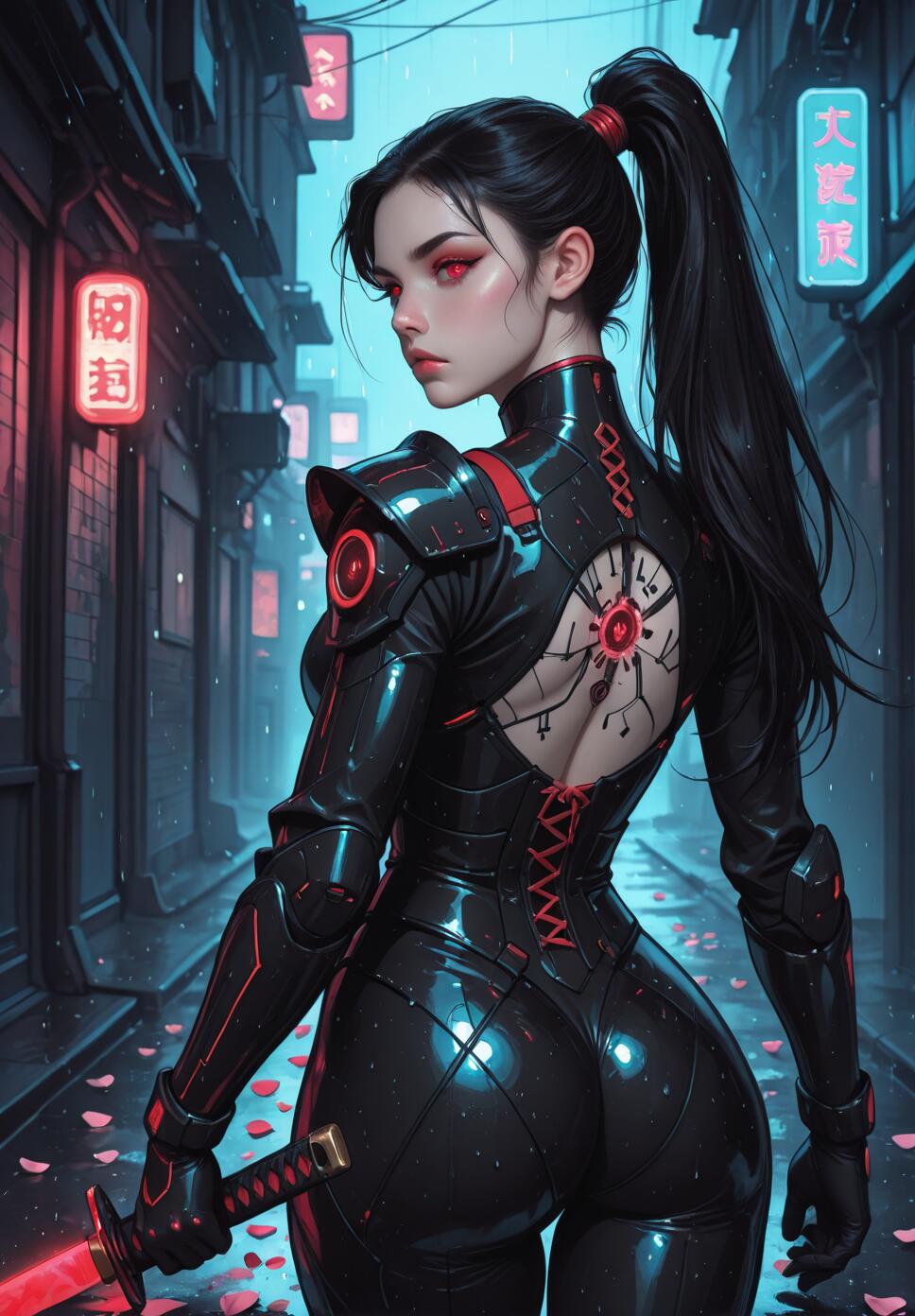 A digital illustration of a female cybernetic ronin from a back view, looking over her shoulder. She wears a tight black and red armored suit, has a long black ponytail, and holds a glowing red katana in a neon-lit, rainy Japanese alley.