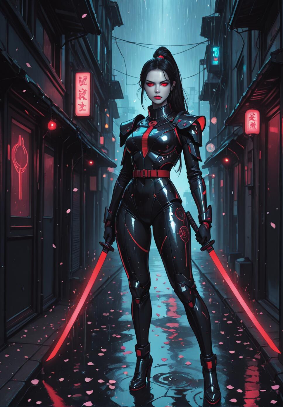 A female warrior in futuristic black and red armor stands in the middle of a rainy, neon-lit Japanese alley, holding two glowing red swords.