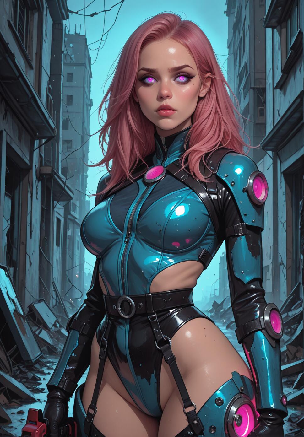 A digital illustration of a woman with pink hair and glowing purple eyes standing in a ruined city street. She wears a futuristic, form-fitting blue and black bodysuit with pink accents.