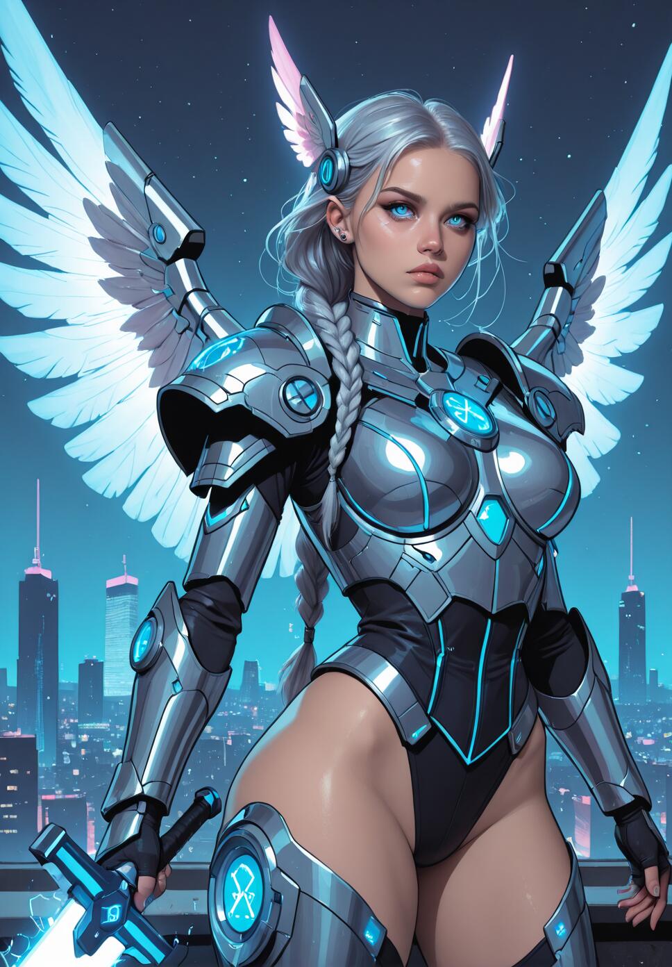 A female warrior with long silver braided hair and large white wings, wearing futuristic silver and black armor with glowing blue lights, holds a glowing sword while standing on a rooftop overlooking a city skyline at night.