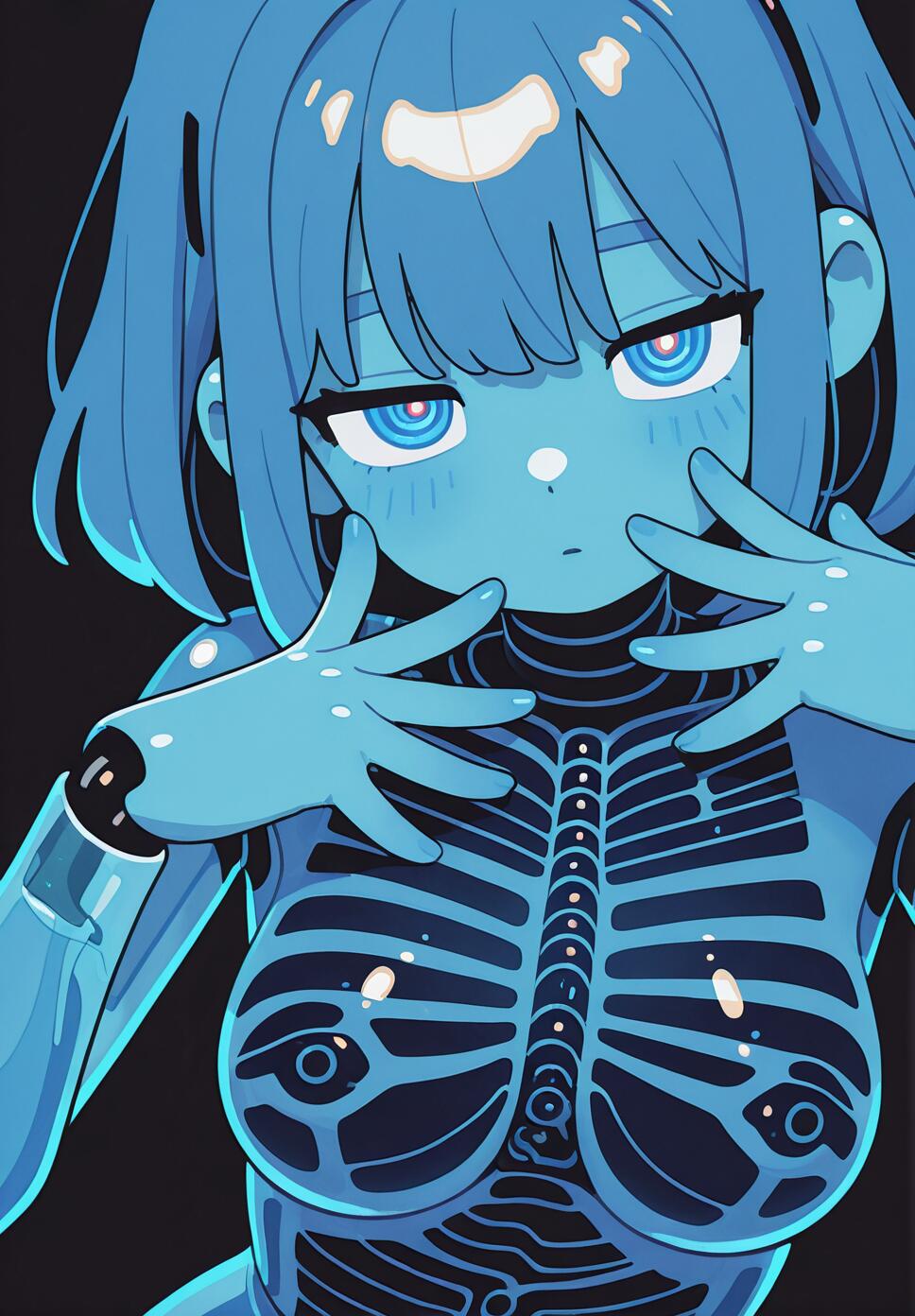 A close-up illustration of an anime girl with blue hair and skin. Her body is transparent, revealing a glowing blue ribcage and internal circuitry. She has large blue eyes and is holding her hands up by her face with a cool expression.