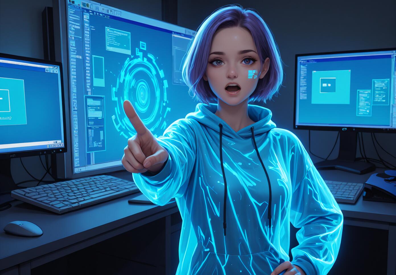 An anime-style girl with short purple hair and a glowing blue hoodie points forward in front of a multi-monitor computer setup displaying futuristic holographic interfaces.