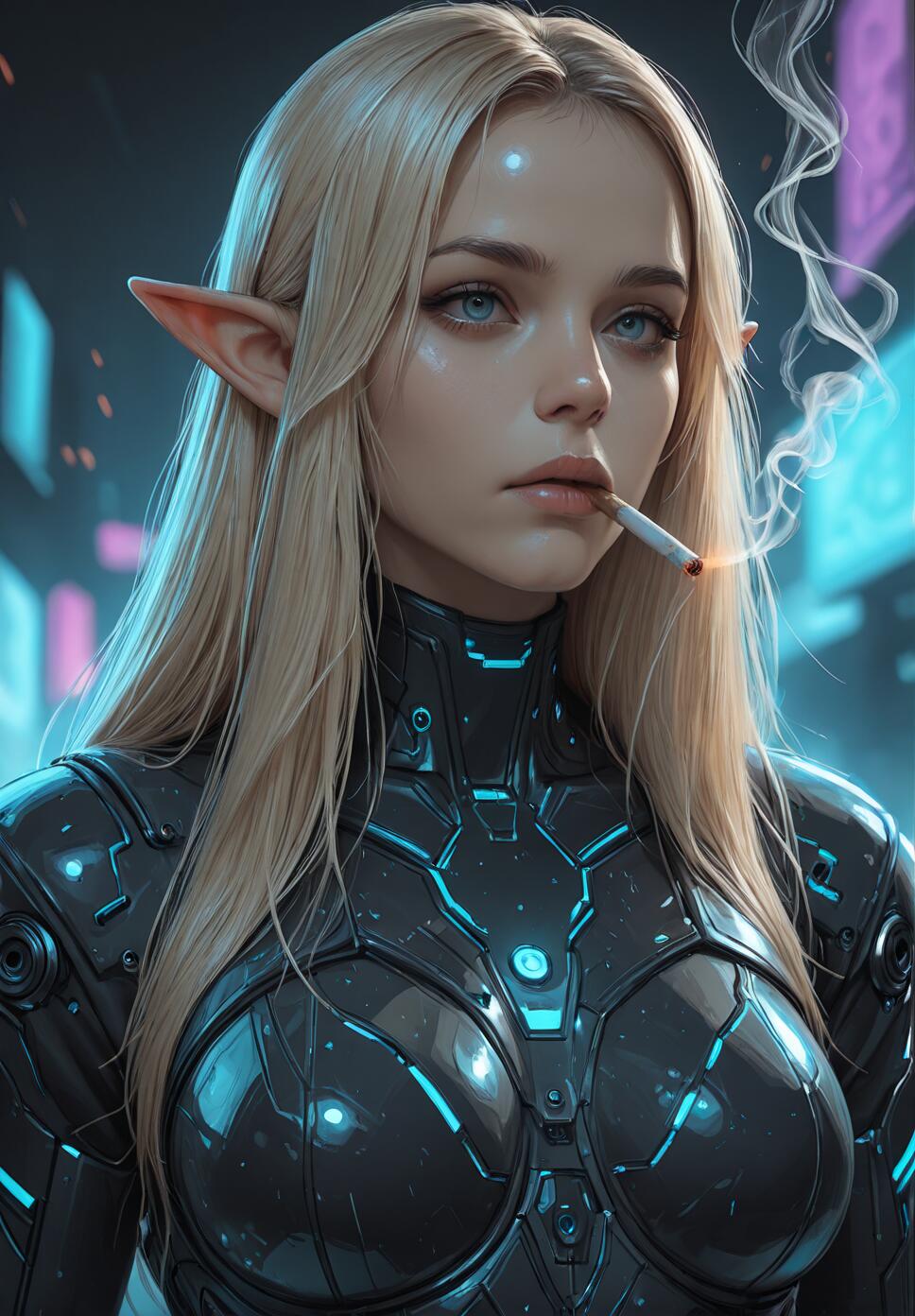 A close-up portrait of a beautiful elf with long blonde hair, pointed ears, and blue eyes, wearing a futuristic black and blue armored suit and smoking a cigarette in a neon-lit cyberpunk city.