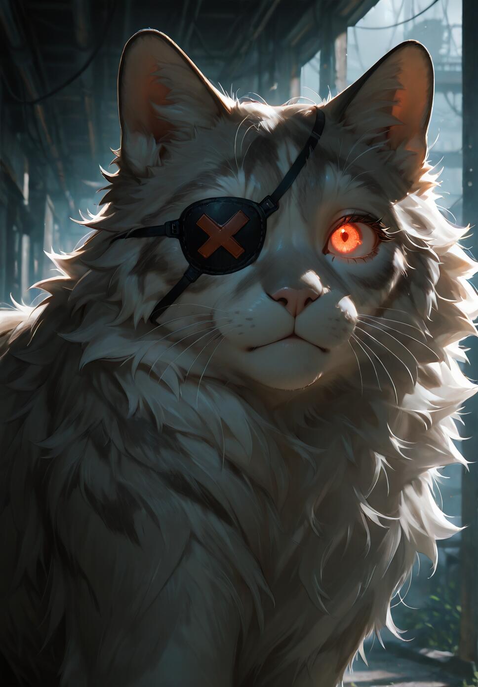 A highly detailed digital painting of a fluffy, white and grey cat with a black eyepatch over one eye and a single glowing orange eye. The cat has a serious expression and is in a dark, dystopian industrial setting.