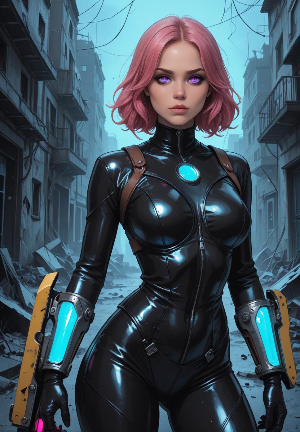 A woman with short pink hair and violet eyes wearing a tight black futuristic suit with glowing blue technology stands in the middle of a destroyed city street.