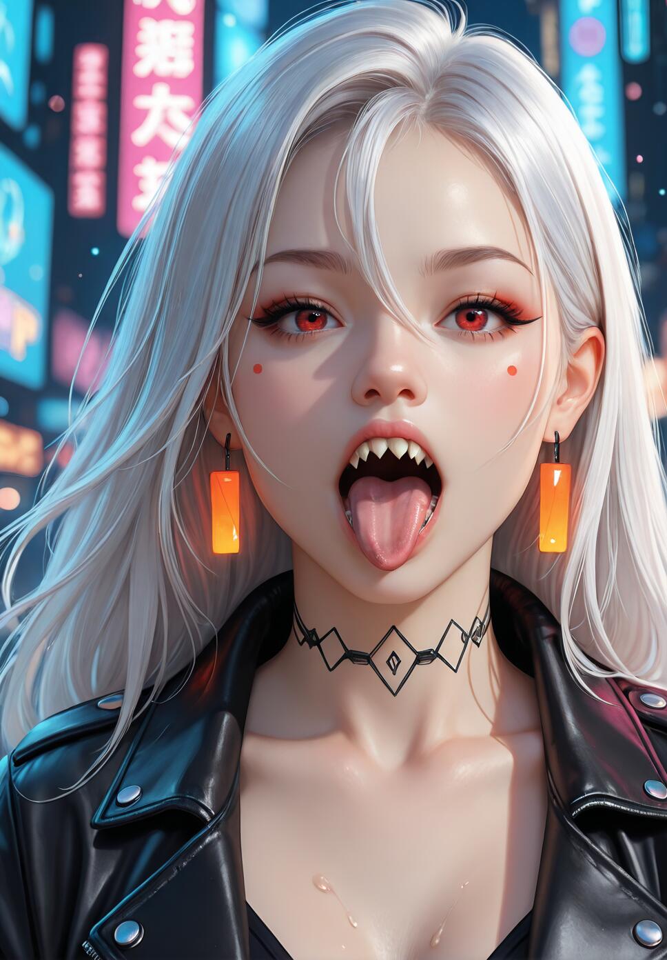 A close-up digital illustration of a woman with long white hair, red eyes, and sharp teeth. She is sticking her tongue out, wearing a black leather jacket and glowing orange earrings, set against a blurry neon city background.