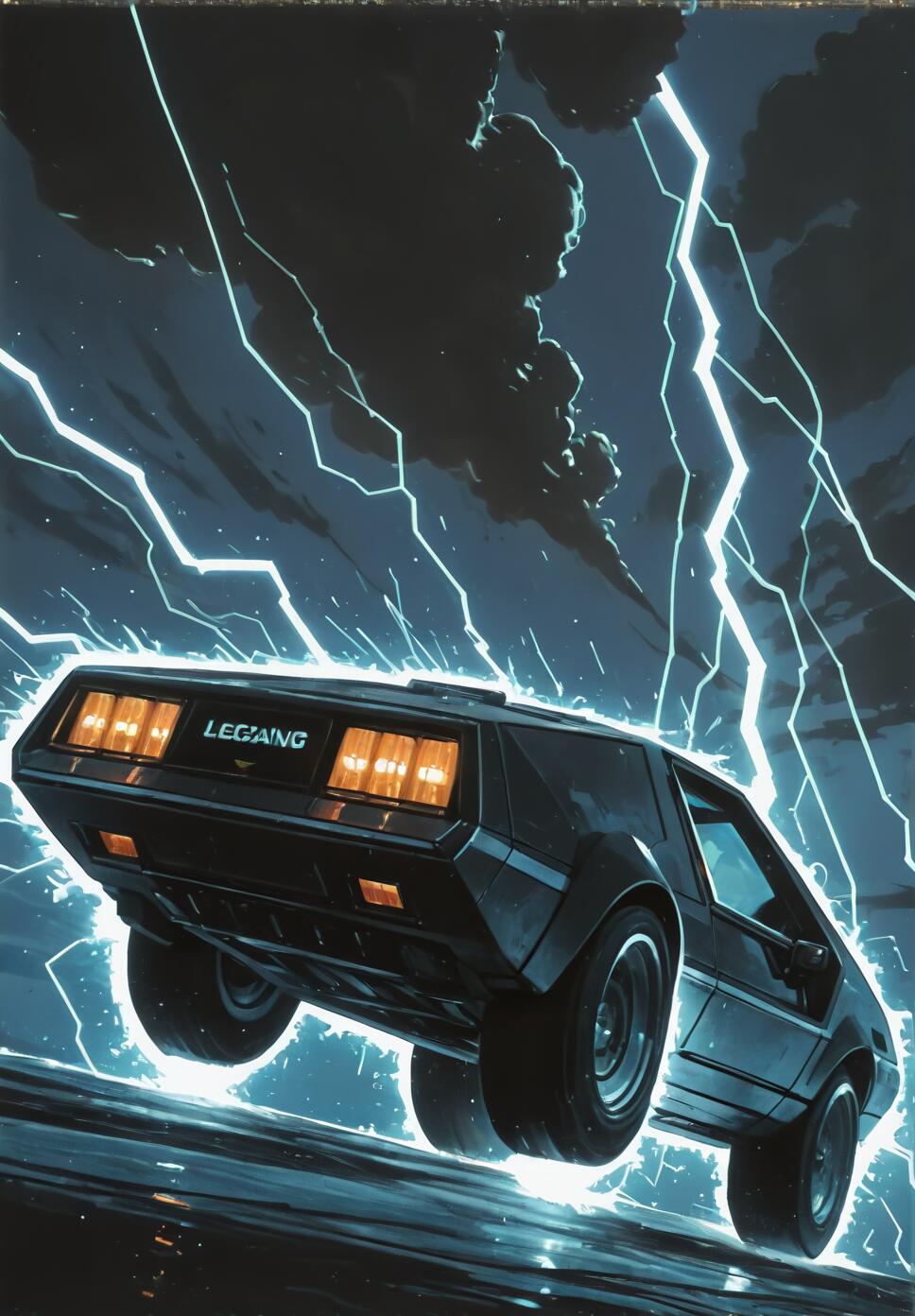 A painterly illustration of the black DeLorean time machine from Back to the Future, levitating above a wet road amidst a dramatic, dark storm with bright blue lightning striking all around it.