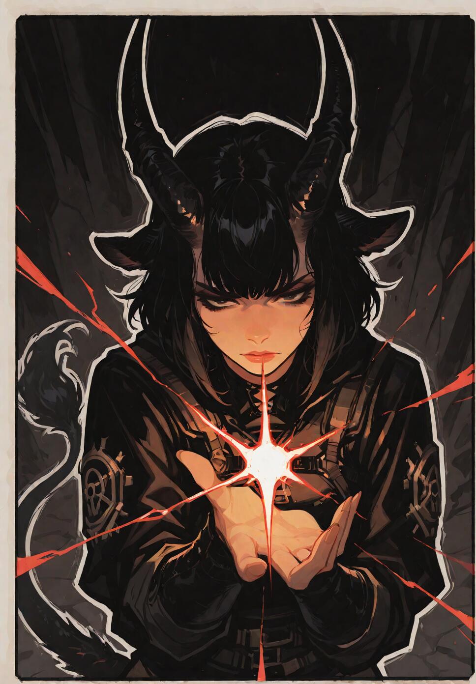 A dark-haired demonic girl with large black horns and a spaded tail, casting a glowing star-shaped spell held between her cupped hands against a dark background.