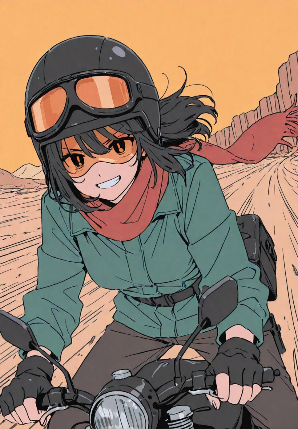 An anime girl with black hair and a determined expression rides a motorcycle through the desert, wearing a helmet, goggles, a green jacket, and a flowing red scarf.