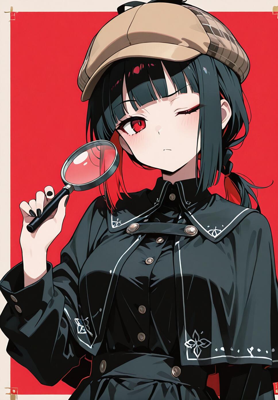 An anime illustration of Kaguya Shinomiya from Kaguya-sama: Love is War, dressed as a detective. She wears a deerstalker cap and a black capelet, holds a magnifying glass, and has one eye closed against a red background.