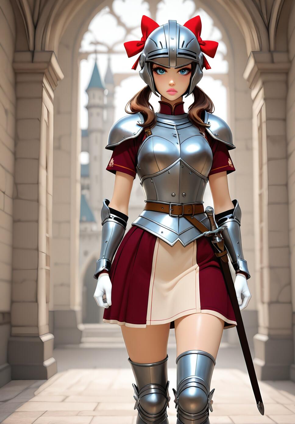 A young female anime-style knight with pigtails and red bows on her helmet stands in a castle corridor, wearing steel armor over a red and cream skirt, looking directly at the camera.