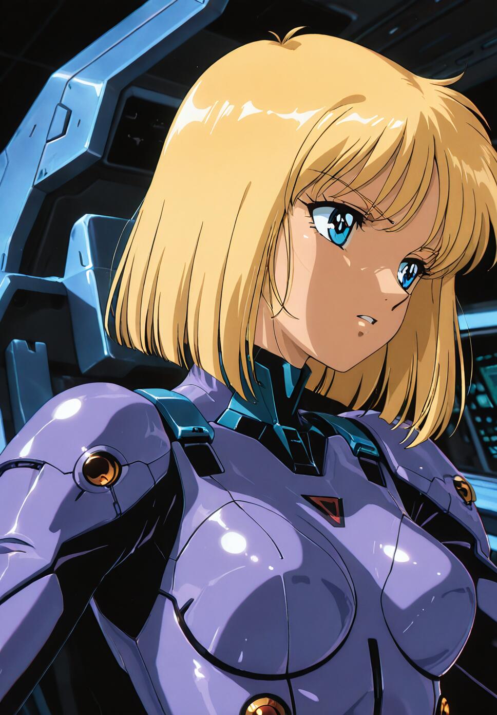 An anime illustration of Sylvie Gena from Bubblegum Crisis. She is a young woman with blonde bob hair and blue eyes, wearing a purple mecha pilot suit and sitting in a cockpit, looking determinedly to the side.